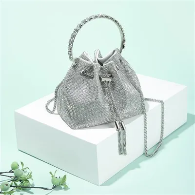 Pochette seau de soirée à paillettes, petit sac à bandoulière avec cordon de serrage en strass pour bijoux